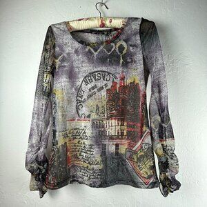 Viaggio Women's Blouse Sheer Ruched Long Sleeve Graphic Art Letter Print Size 42